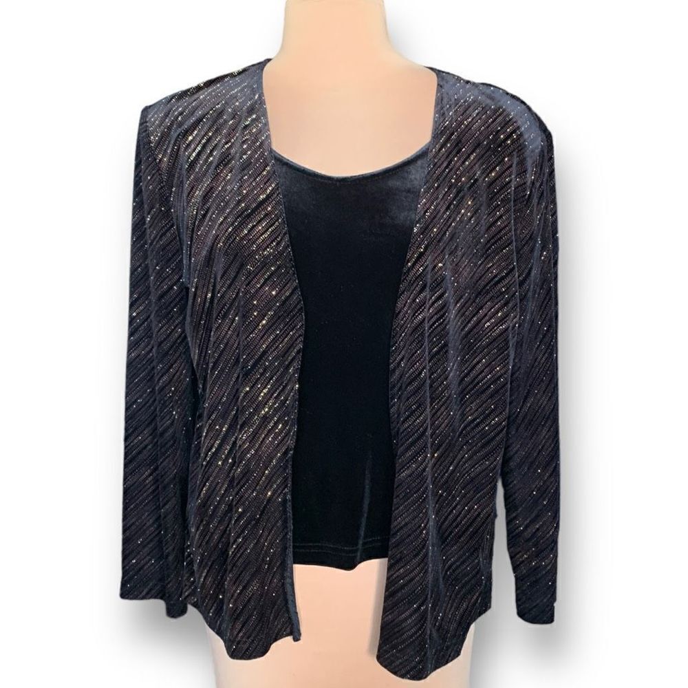 Vintage R&K Originals Cardigan Tank Black Velvet Gold Metallic Glitter Stripe